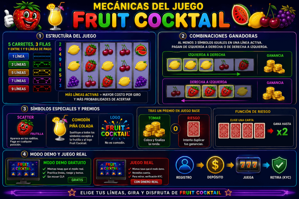 Infografía sobre las mecánicas de la tragamonedas Fruit Cocktail, líneas de pago, símbolos, modo demo y función de riesgo.