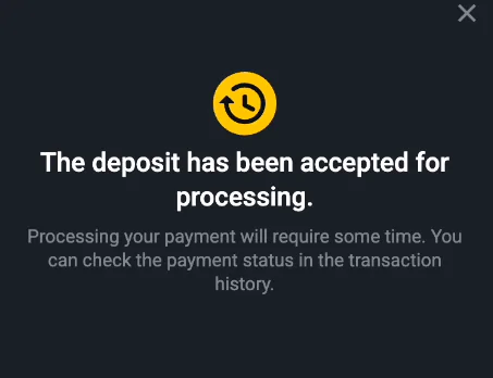Mensaje de confirmación del depósito aceptado tras un pago exitoso con Webpay en Pin-Up Casino