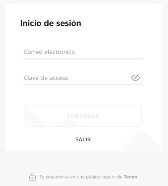 Pantalla de inicio de sesión en Tenpo para autenticación del usuario durante el pago con Webpay en Pin-Up Casino