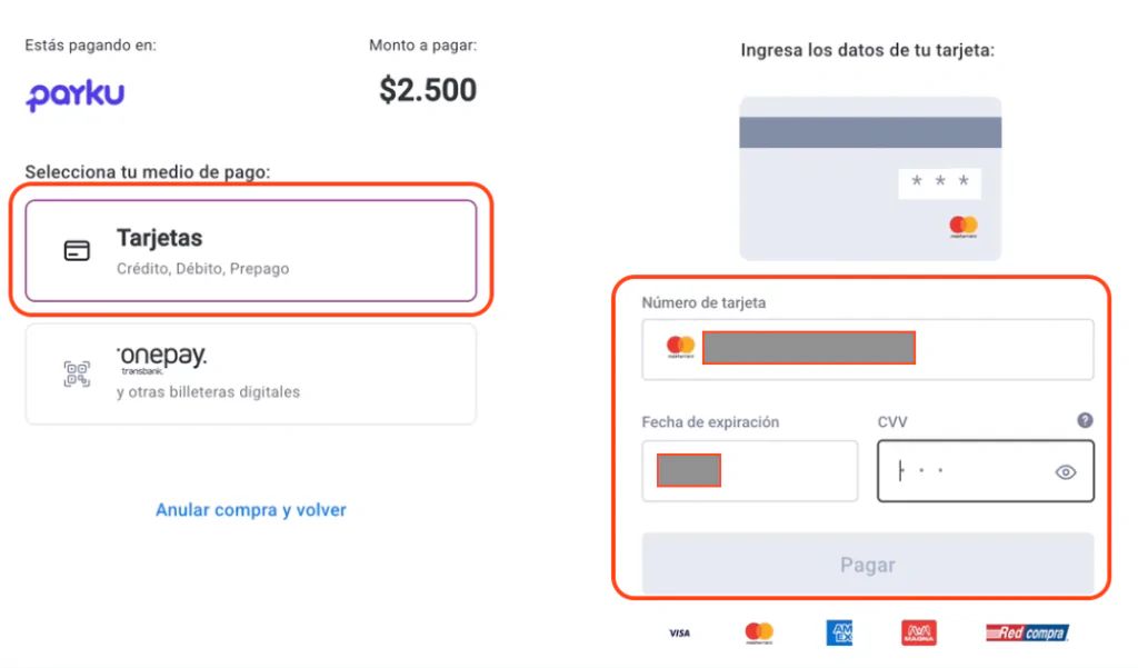 Página de pago Webpay mostrando ingreso de tarjeta de crédito o débito para depósito en Pin-Up Casino
